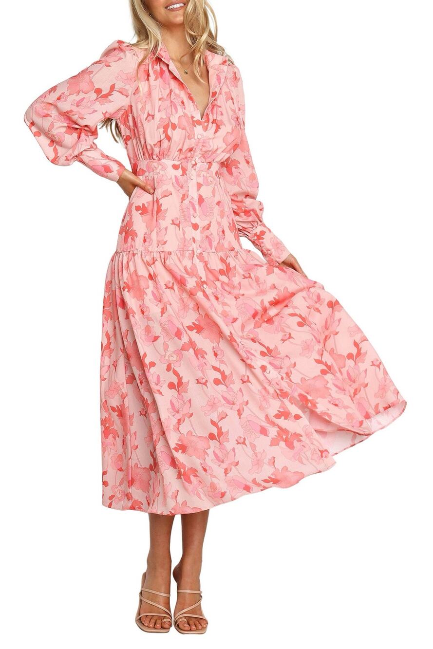 Petal + Pup Forever Print Long Sleeve Tiered Midi Dress Pink